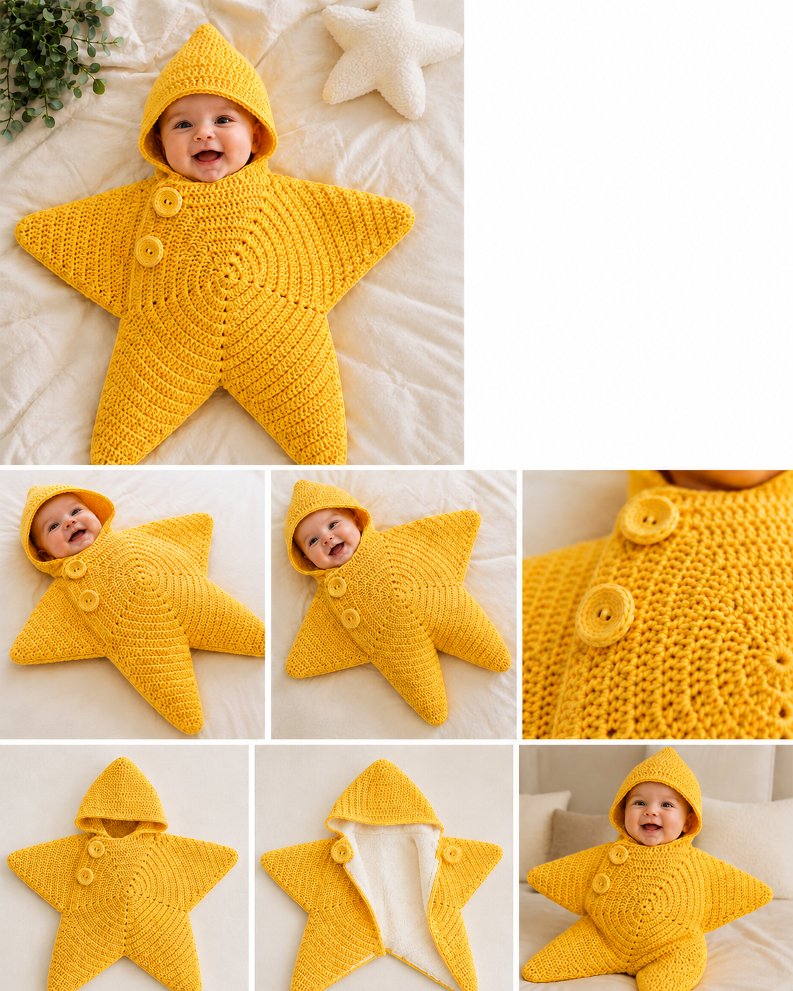 Handmade Crochet Baby Starfish Outfit with Matching Hood | Soft Newborn Photo Prop & Baby Wrap