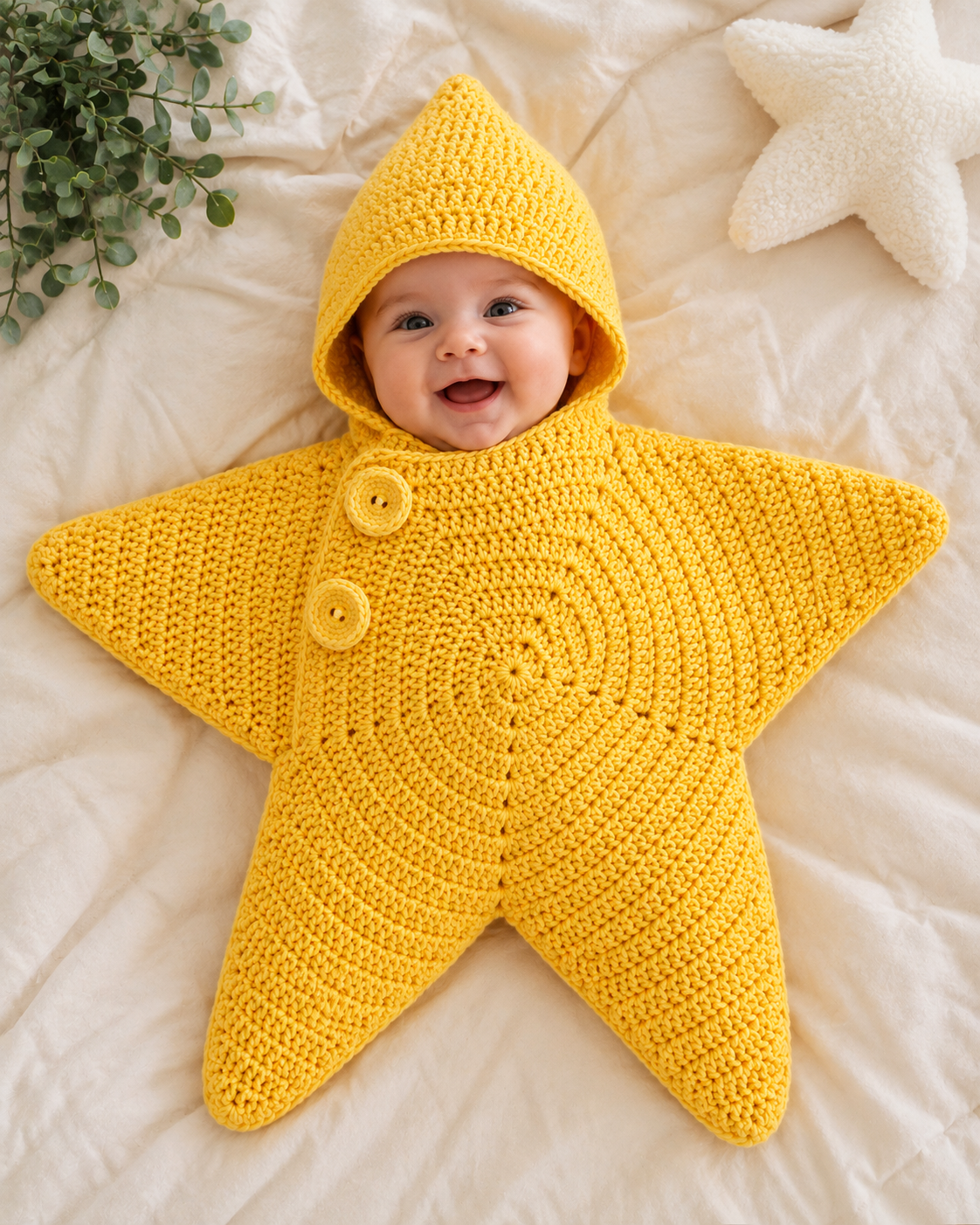 Handmade Crochet Baby Starfish Outfit with Matching Hood | Soft Newborn Photo Prop & Baby Wrap