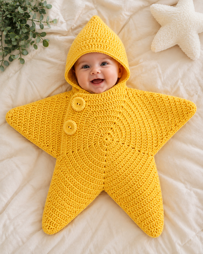 Handmade Crochet Baby Starfish Outfit with Matching Hood | Soft Newborn Photo Prop & Baby Wrap