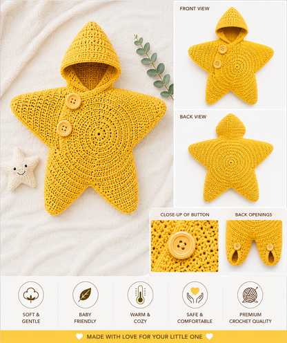 Handmade Crochet Baby Starfish Outfit with Matching Hood | Soft Newborn Photo Prop & Baby Wrap